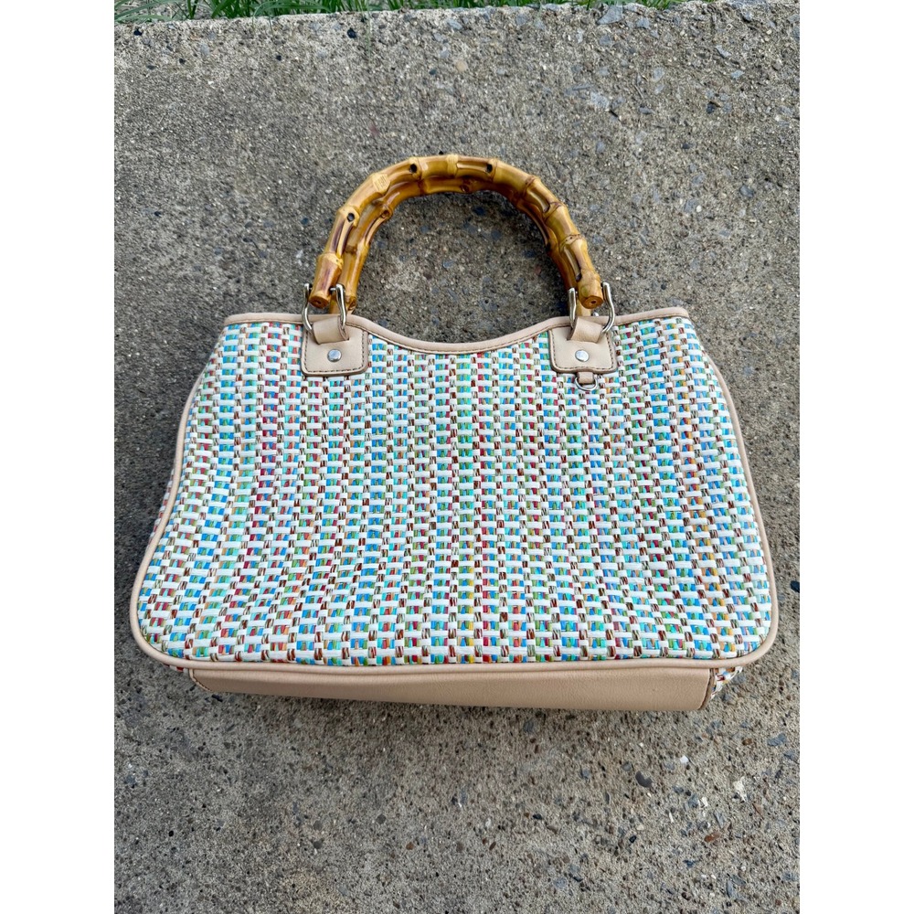 VTG Relic Multi Color Woven Bamboo Handle Hand& Crossbody Bag Turquoise Interior